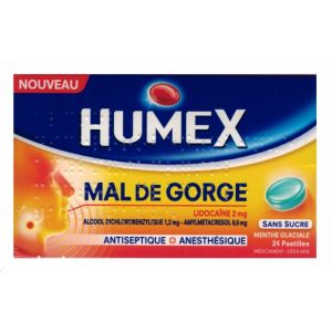 Humex Mal de gorge Menthe glaciale sans sucre - 24 pastilles