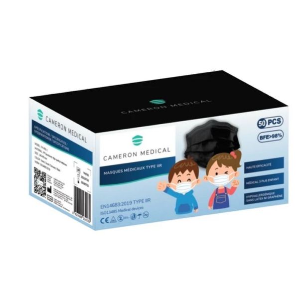 MASQUES CHIRURGICAUX ENFANT CAMERON NOIRS X50